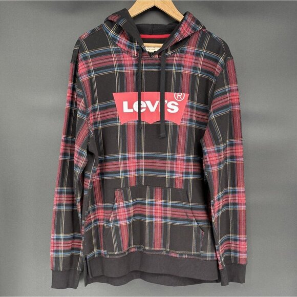 NWT Levi's Men's Logo Plaid Hoodie Sweatshirt Size L Red & Black Casual - Picture 1 of 9